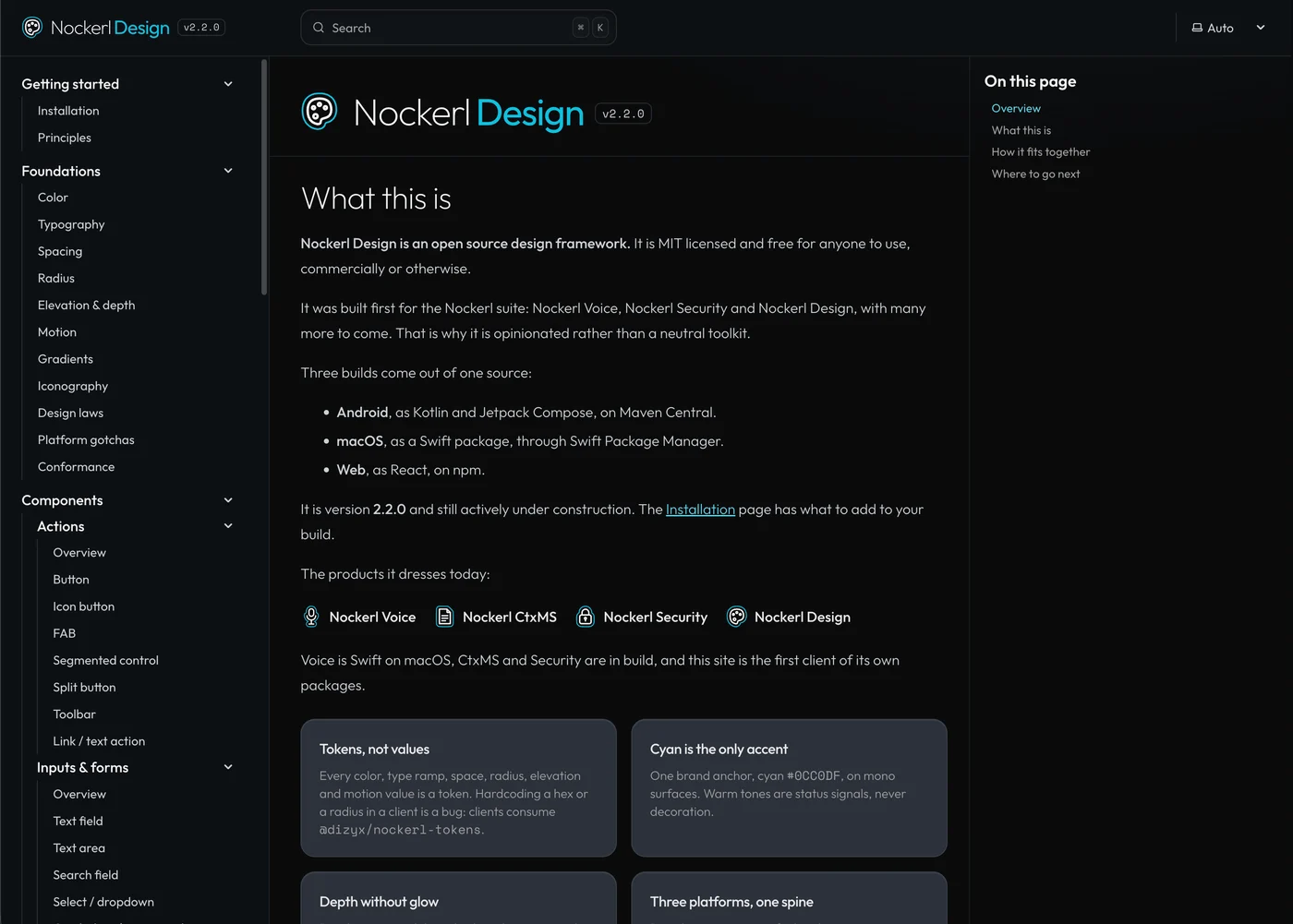 The Nockerl Design documentation site, showing the token and component reference.