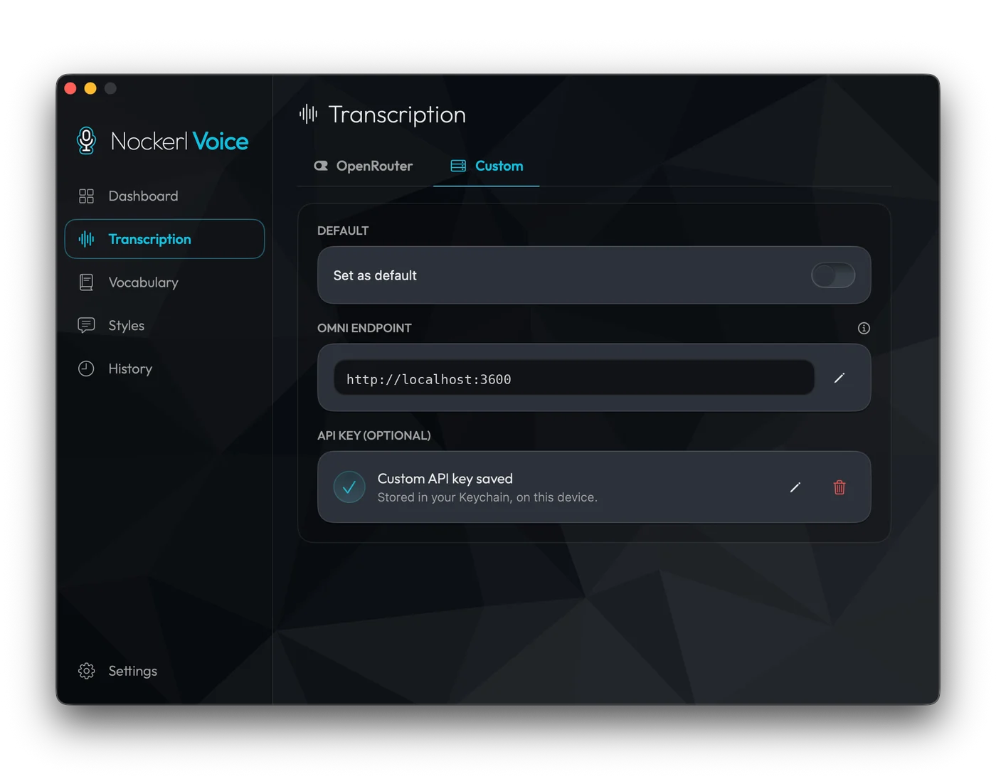 Transcription settings on the Custom tab, pointed at a local endpoint, API key marked optional.